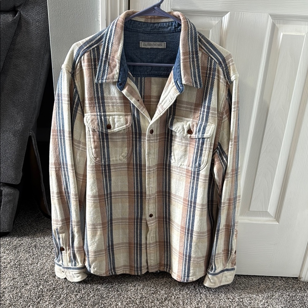 Men’s Outerknown Plaid Casual Button Down Shirt - Cream, Brown, Blue